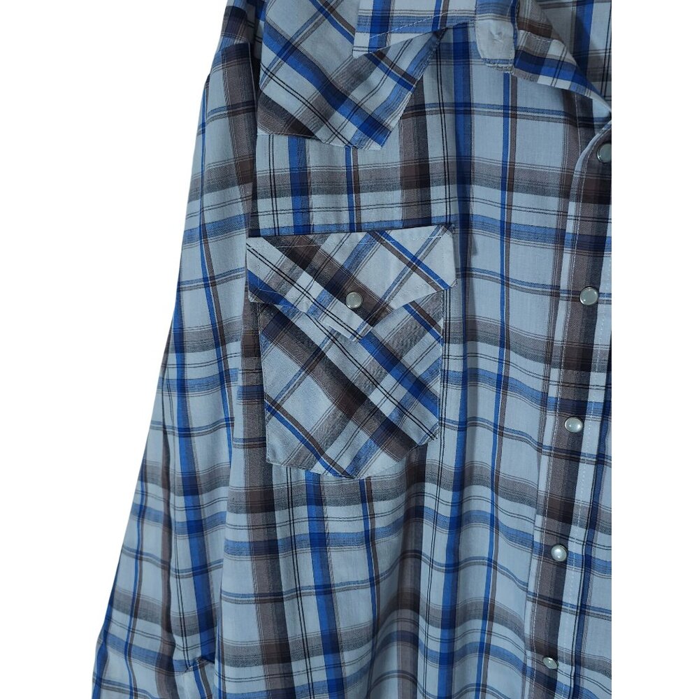 Men's 3X Plaid Western Snap Shirt Plains Big Man Cotton Blue/Brown - Picture 4 of 12